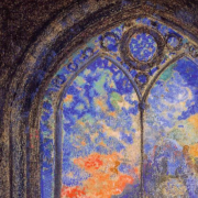 painting of a stained glass window in a darkened church