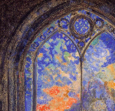painting of a stained glass window in a darkened church