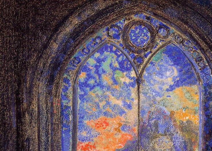 painting of a stained glass window in a darkened church