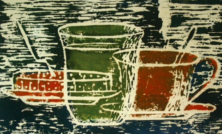 Still life etching of three bowls
