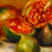 Impressionist painting of fruit including figs and pomegranates