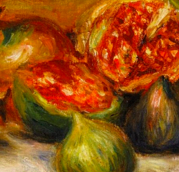 Impressionist painting of fruit including figs and pomegranates