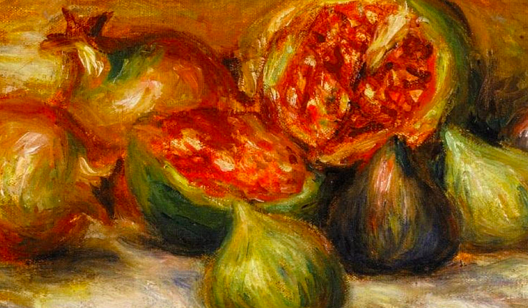 Impressionist painting of fruit including figs and pomegranates