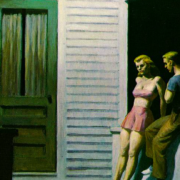 Painting of a man and woman on a porch at night
