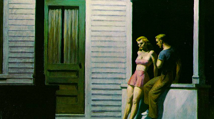Painting of a man and woman on a porch at night