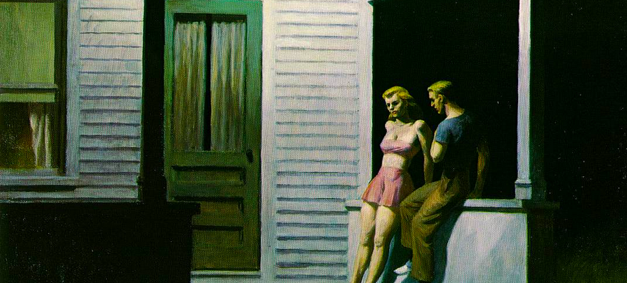 Painting of a man and woman on a porch at night