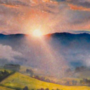 painting of a sunset over the hills