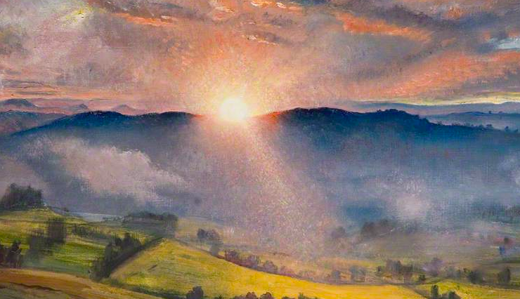 painting of a sunset over the hills