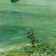 Painting of the ocean in tones of blue and green, some branches can be seen on the bottom right and a dock on the left