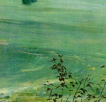 Painting of the ocean in tones of blue and green, some branches can be seen on the bottom right and a dock on the left