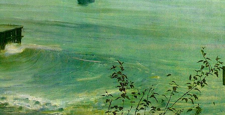 Painting of the ocean in tones of blue and green, some branches can be seen on the bottom right and a dock on the left