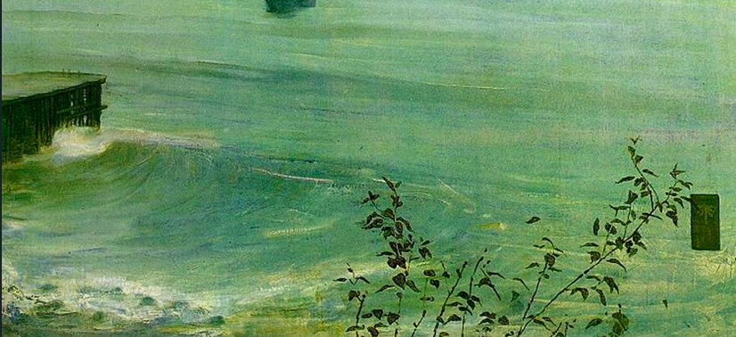 Painting of the ocean in tones of blue and green, some branches can be seen on the bottom right and a dock on the left