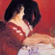 Painting of a family seated for a birthday party, a man stands behind a seated woman and a child is about to blow out their birthday candles