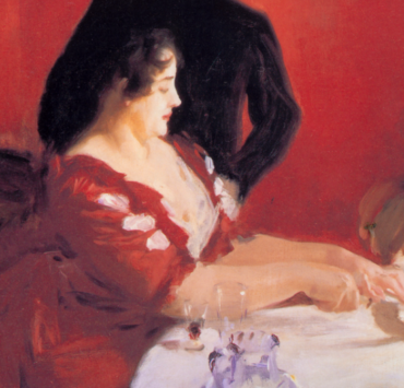 Painting of a family seated for a birthday party, a man stands behind a seated woman and a child is about to blow out their birthday candles