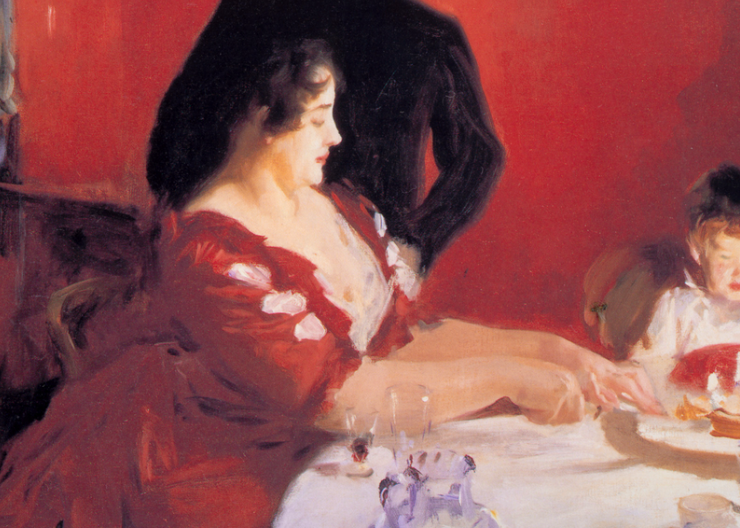 Painting of a family seated for a birthday party, a man stands behind a seated woman and a child is about to blow out their birthday candles