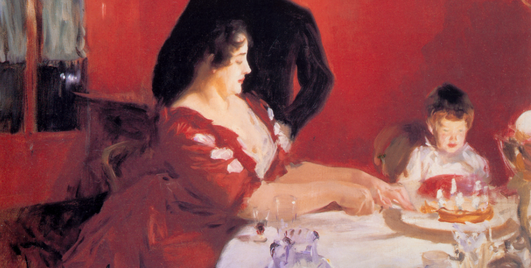 Painting of a family seated for a birthday party, a man stands behind a seated woman and a child is about to blow out their birthday candles