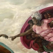 painting of a nude woman seated with an arm outstretched. an elderly woman in pink robes reaches out to touch her finger