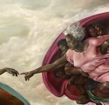 painting of a nude woman seated with an arm outstretched. an elderly woman in pink robes reaches out to touch her finger