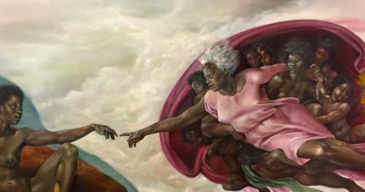 painting of a nude woman seated with an arm outstretched. an elderly woman in pink robes reaches out to touch her finger