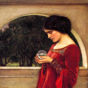 Painting of a woman in a red dress holding a crystal ball