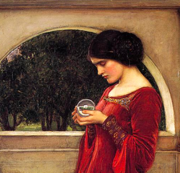 Painting of a woman in a red dress holding a crystal ball