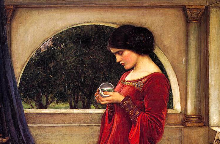 Painting of a woman in a red dress holding a crystal ball
