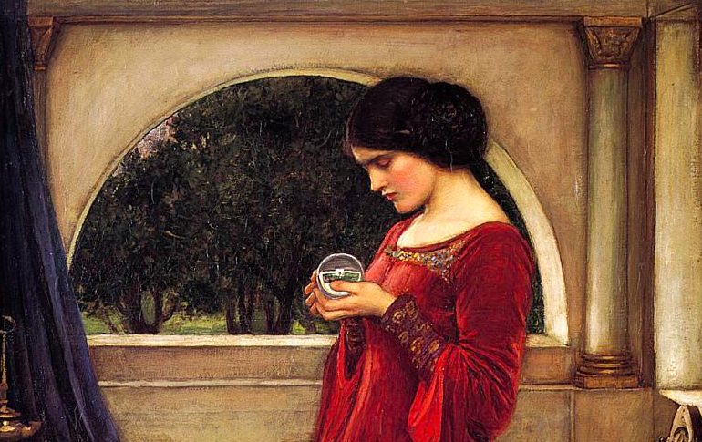 Painting of a woman in a red dress holding a crystal ball