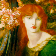 painting of a red haired woman in a green dress holding a harp, surrounded by pink roses