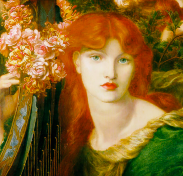 painting of a red haired woman in a green dress holding a harp, surrounded by pink roses