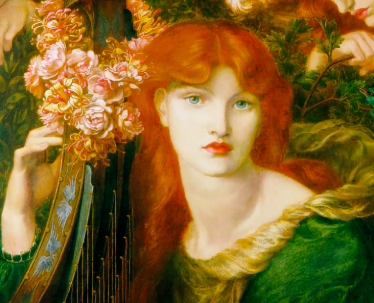 painting of a red haired woman in a green dress holding a harp, surrounded by pink roses