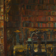 painting of a private library with high windows and potted plants