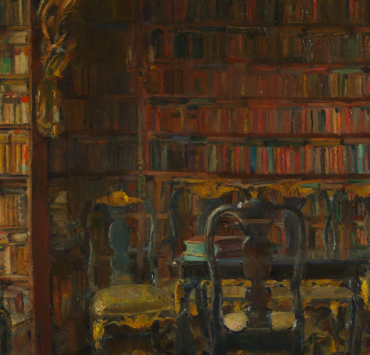 painting of a private library with high windows and potted plants