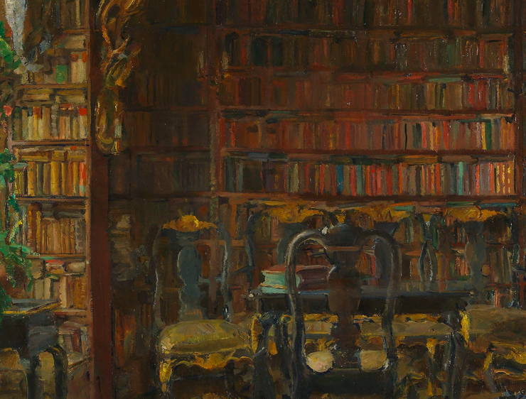 painting of a private library with high windows and potted plants