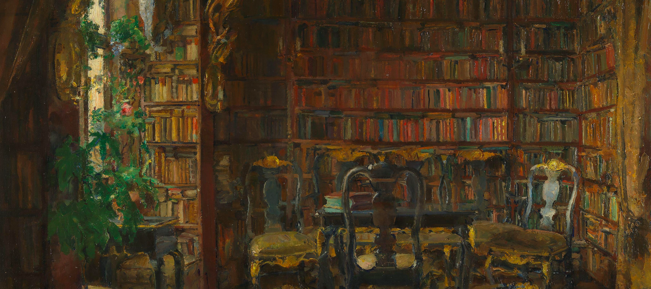 painting of a private library with high windows and potted plants