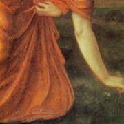 Painting of a woman crouching to pick marigolds from the grass