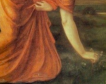 Painting of a woman crouching to pick marigolds from the grass