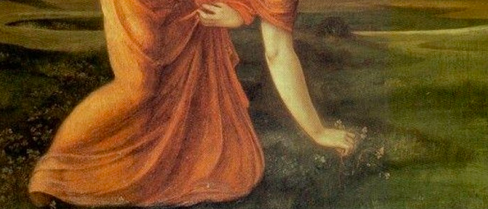 Painting of a woman crouching to pick marigolds from the grass