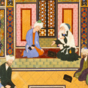 Painting of several men seated on the ground in discussion