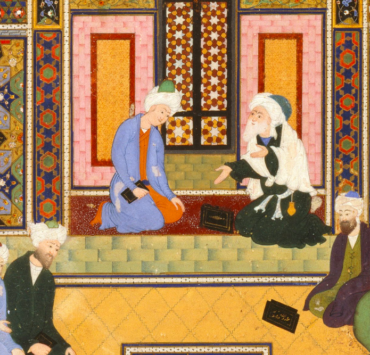 Painting of several men seated on the ground in discussion