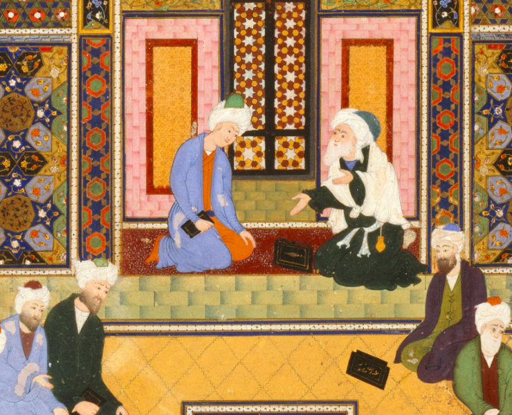 Painting of several men seated on the ground in discussion