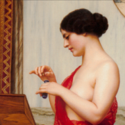 Painting of a woman in a red gown applying perfume