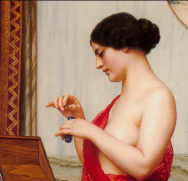 Painting of a woman in a red gown applying perfume