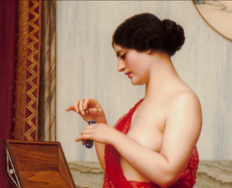 Painting of a woman in a red gown applying perfume