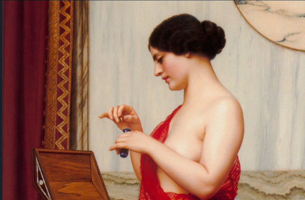 Painting of a woman in a red gown applying perfume