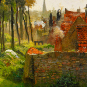 Painting of a small English village, the figure of a Catholic priest can be seen walking down a tree lined road