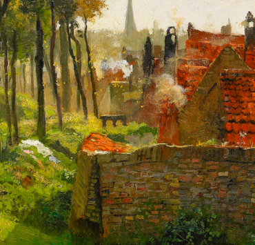 Painting of a small English village, the figure of a Catholic priest can be seen walking down a tree lined road