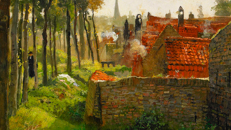 Painting of a small English village, the figure of a Catholic priest can be seen walking down a tree lined road