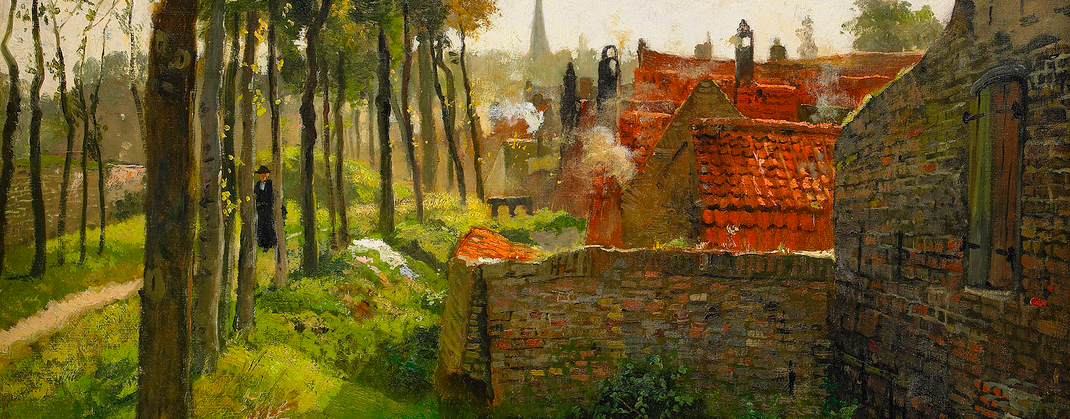 Painting of a small English village, the figure of a Catholic priest can be seen walking down a tree lined road