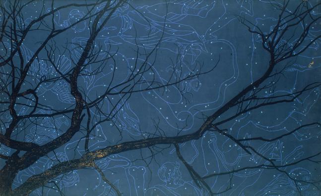 painting of a night sky as seen beneath a tree branch