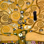 art deco painting of a tree with curling branches on a golden backdrop